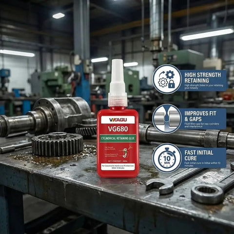 Close-up of Industrial Grade Retaining Compound 4 Pack For High Strength Bearing Mounts And Sleeve Retainers, Fast Cure Anaerobic Adhesive bottle in workshop.