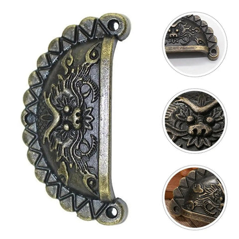 Old School Antique Bronze Lion Head Cabinet Handles Two Pack With Half Round Drawer Pulls, close-up view of bronze finish detail.