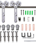 6Ft Barn Door Sliding Track Kit In Stainless Steel Heavy Duty Hardware For Single Wood Door Up To 220 Lbs Y Shape Hanger Quiet Smooth Glide Rust Resistant Easy Install Modern Farmhouse Decor Durable Track And Roller System components displayed.