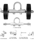 Beefy Sliding Gate Kit With Two Six Inch Wheels And C Type Wheel Carrier, Heavy Duty Gate Rollers For Connect Tracks And Door Frames, Sliding Gate Guide Roller, 600 Lb Capacity, Galvanized Rust Resistant Hardware, showing wheels and brackets with latch.