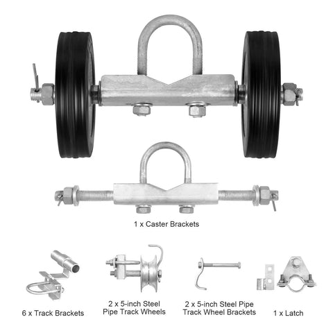 Beefy Sliding Gate Kit With Two Six Inch Wheels And C Type Wheel Carrier, Heavy Duty Gate Rollers For Connect Tracks And Door Frames, Sliding Gate Guide Roller, 600 Lb Capacity, Galvanized Rust Resistant Hardware, showing wheels and brackets with latch.