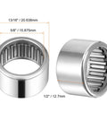 Needle roller bearings, drawn cup open end, 5/8 in bore, 13/16 in OD, 1/2 in width, 5 pcs, silver metal