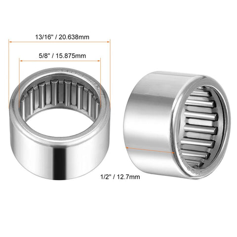 Needle roller bearings, drawn cup open end, 5/8 in bore, 13/16 in OD, 1/2 in width, 5 pcs, silver metal