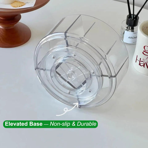 Base of 360 Degree Rotating Makeup Organizer With Lazy Susan Turntable, showing clear acrylic non-slip bottom on table.