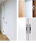 Heavy Duty 6 Inch Hidden Door Hinges 180 Degree Flush Mount Concealed Butt Hinge 3 Way Adjustable shown on wood and white doors in modern setting.