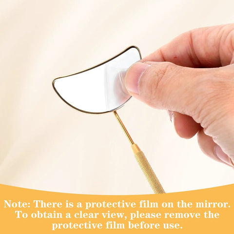 2 Pack Lash Mirror For Eyelash Extensions, stainless steel half moon mirror with protective film being removed