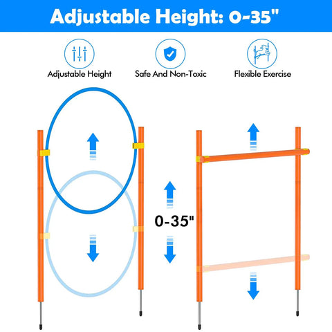 Dog Agility Course Backyard Set adjustable jump hurdle with 0-35 inch height range, lightweight ABS material, and non-toxic safety