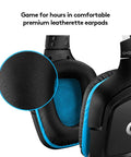 Close-up view of wired gaming headset with 7.1 surround sound and DTS Headphone:X 2.0, showing on-ear leatherette comfort.