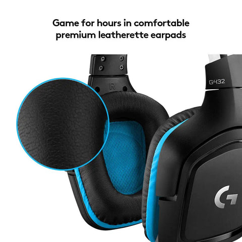 Close-up view of wired gaming headset with 7.1 surround sound and DTS Headphone:X 2.0, showing on-ear leatherette comfort.