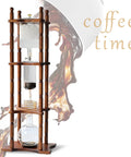 Slick Vertical Cold Brew Coffee Tower, 2500 Milliliter Iced Drip Brewer with handblown glass and wood stand.