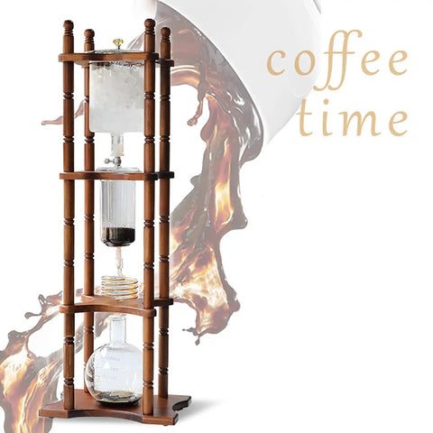 Slick Vertical Cold Brew Coffee Tower, 2500 Milliliter Iced Drip Brewer with handblown glass and wood stand.