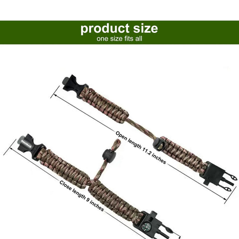 Four Pack Multi Color Paracord Survival Bracelets Five In One Kit showing adjustable length with compass and fire starter visible