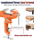 3 Inch Table Vise With 360 Degree Swivel Base Clamp On Bench Vise For Woodworking And Metalworking Portable Home Workshop Clamp Ideal For Drilling Cutting Sawing And Conduit Work Orange with chrome-plated spindle and nut.