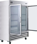 Heavy Duty Commercial Reach In Freezer With Dual Glass Doors And Rock Solid Stainless Build For Top Shelf Cold Storage And Easy Setup At Forty Seven Cubic Feet Capacity, showing open doors and interior shelves.