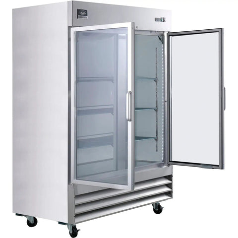 Heavy Duty Commercial Reach In Freezer With Dual Glass Doors And Rock Solid Stainless Build For Top Shelf Cold Storage And Easy Setup At Forty Seven Cubic Feet Capacity, showing open doors and interior shelves.