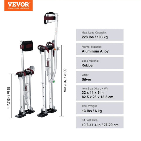 Adjustable Aluminum Drywall Stilts 18 To 30 Inch With Non Slip Grip For Sheetrock Painting Taping And Walking Includes Protective Knee Pads Beefy Durable Lightweight And Built For The Job Silver with specifications and brand Vevor.
