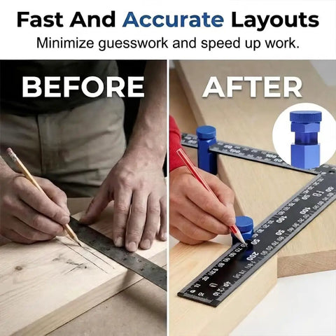 Heavy Duty Framing Square Attachment Jigs With Anti Slip Stair Gauges And 90 Degree Right Angle Clamps For Zero Play Carpenter Setup And Dead Square Woodworking Alignment Tools 2 Pack in use for precise layout.