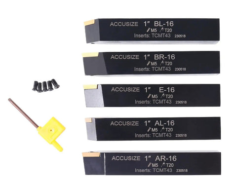 Pro Grade 1 Inch Shank 5 Piece Indexable Turning Tool Set With TiN Coated Carbide Inserts For Smooth Cuts, Positive Rake And 7 Degree Clearance, Includes STACR STNCR STECN STDCR STCCR Holders For Lathes And Turning Centers