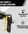 Pro Grade Air Texture Sprayer Featuring An Extended Swing Lever And Three Interchangeable Nozzles For Dead Smooth Wall Finishes image showing heavy duty sprayer with easy grip handle.