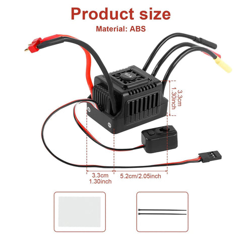 60A Waterproof Dustproof Brushless ESC With Sensorless Tech For One Tenth RC Cars And Trucks Outdoors T Plug Compatible External Programming Port shown with dimensions and ABS material