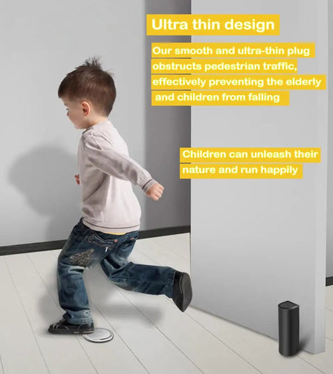 Child running near door with 2 Pack Magnetic Door Stopper Set Black Stainless Steel No Drill Stick On Floor Mount With Strong Adhesive Tape Keeps Doors Open For Heavy Duty Home And Office Doors visible