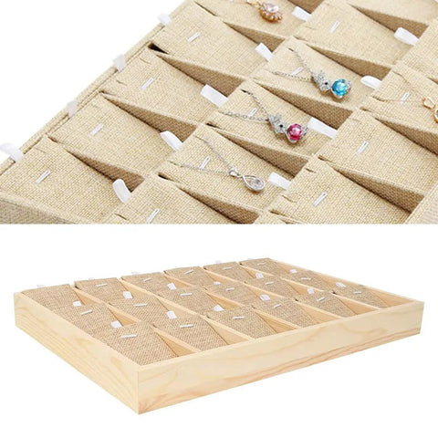 Top Tier Solid Pine Wooden Jewelry Display Tray With 18 Grid Slots And Ultra Plush Velvet Lining For Necklaces Bangles Rings view showing organized slots.