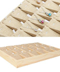 Premium Pine Wood Jewelry Display Tray With Eighteen Velvet Lined Slots showing velvet sections for organized earrings and necklaces.