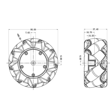 Technical drawing of 80mm Mecanum Wheel Omni Directional Robot Car Kit With 6mm Hubs For Arduino Raspberry Pi Micro Bit And DIY STEM Projects Left Right Pair For Maker Friendly Plug And Play Mobility.