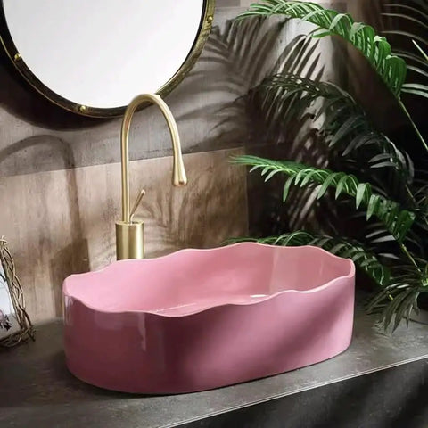 UMJIGF Vessel Sink Household Washbasin Bathroom Above Counter Basin with vibrant pink color and curved design on countertop.