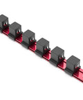 Three Quarters Inch Drive Socket Organizer Red Rail For Impact Sockets, Heavy Duty Aluminum Holder With ABS Clips, side view