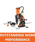 Heavy Duty 1280W Magnetic Base Drill With Side Mounted Hand Feeds featuring black and orange design, for clean holes in steel.