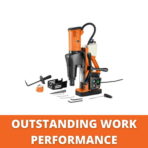 Heavy Duty 1280W Magnetic Base Drill With Side Mounted Hand Feeds featuring black and orange design, for clean holes in steel.