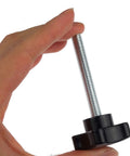 Side view of an M8 x 60mm threaded screw with black plastic star hand knob held by fingers