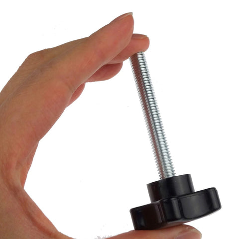 Side view of an M8 x 60mm threaded screw with black plastic star hand knob held by fingers