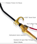 High Volume Air Blow Gun With Aluminum Body And Rubber Guard, gold-plated, side view showing long tapered nozzle and air flow trigger.