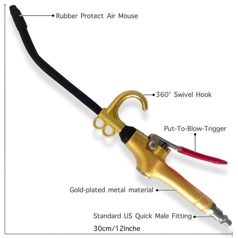 High Volume Air Blow Gun With Aluminum Body And Rubber Guard, gold-plated, side view showing long tapered nozzle and air flow trigger.