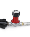 Propane regulator kit, red body, 0–30 psi adjustment, Type 1 connection, 3/8 in. flare, 48-in braided hose — side view