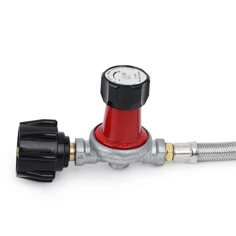 Propane regulator kit, red body, 0–30 psi adjustment, Type 1 connection, 3/8 in. flare, 48-in braided hose — side view