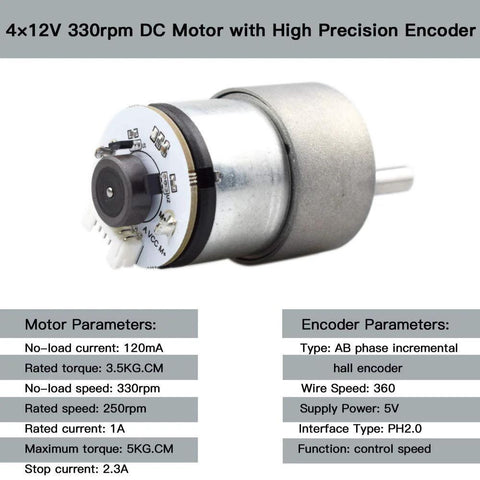 Silver DC motor with encoder board and white connector for Arduino projects (12V, 330rpm)