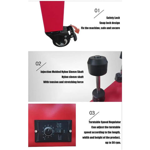 Heavy Duty Electric Pallet Wrapping Machine With Adjustable Turntable, showcasing safety lock, nylon sleeve shaft, and speed regulator.