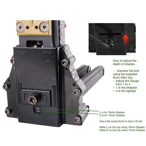 Close-up of Heavy Duty Pneumatic Carton Sealer With High Speed Fast Nailing Action showing depth adjustment mechanism.