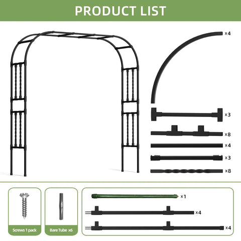 Go-To 6.9x7.9 Ft Square Tube Garden Arbor Trellis With Twisted Metal Design product components and assembly parts