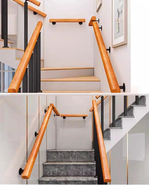 Tough As Nails Adjustable Metal Railing Posts And Wooden Railing Set For Floor Mount Indoor Outdoor Deck Stair System featuring wooden handrails and stainless steel balusters.