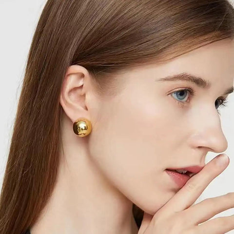 Half Ball Stud Earrings for Women, Gold Tone 20mm Round Ball Jewelry, Minimalist Yet Bold Everyday Earrings, Lightweight 3.2g, Gold Plated Stainless Steel, Lead Free, the Perfect Accessory That Goes With Any Fit. gold half-ball stud earring on model