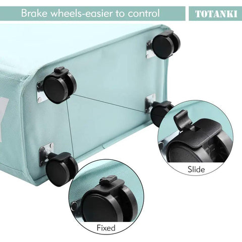 Slim Rolling Laundry Basket On Wheels With Handle, showcasing brake wheels and bottom view, light blue 605D fabric