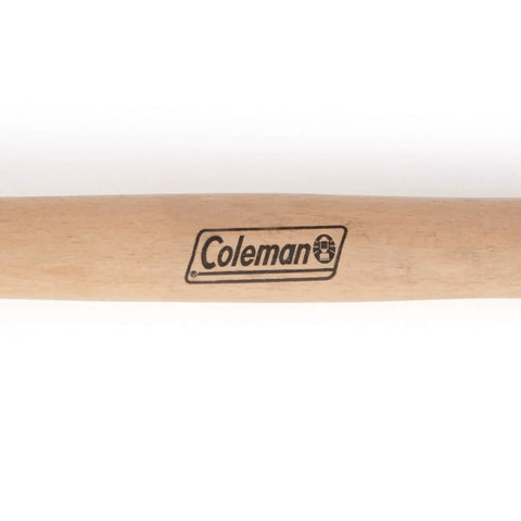Handle of All Purpose Rubber Mallet With Tent Peg Remover Hook featuring Coleman logo, showing wooden material, 16 oz hammer for camping