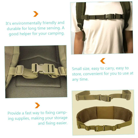 Go-To Adjustable Chest Straps For Backpacks Quick Release Outdoor Gear For Hiking And Camping Travel Ready Fits All Brand Packs Durable Fixing Straps In Green shown installed on a backpack and in a laid-out position.