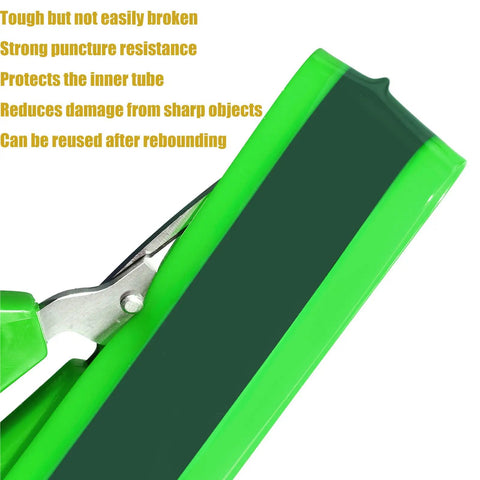 Fat Bike Tire Liner With Self Adhesive Backing 110mm Wide TPU Puncture Protector Insert shown with green edge and tool.