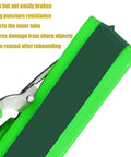 Close-up of green TPU Fat Bike Tire Liner Insert with text detailing its puncture resistance and protection for 20-26 inch tires.