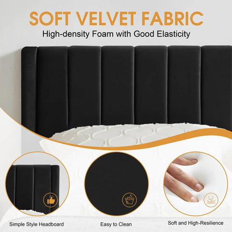 Close-up of Ultra Comfy Queen Platform Bed Frame With Cozy Velvet Upholstered Headboard showcasing soft velvet fabric and high-density foam.